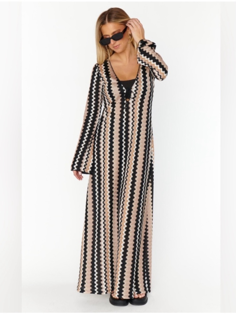Show Me Your MuMu Vacay Cover Up Black and Beige Zigzag Maxi Long Sleeve Dress